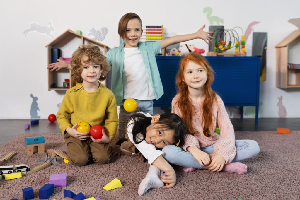 Full shot kids posing together kindergarten